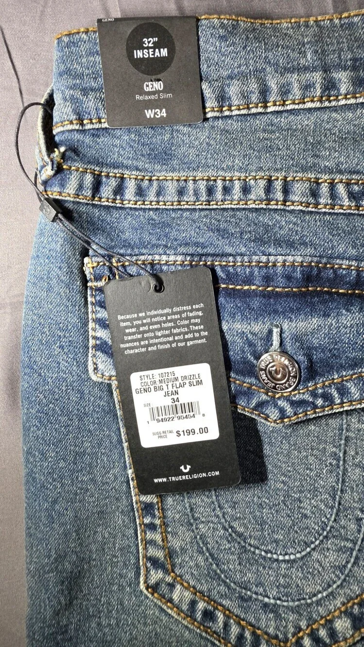 True Religion Geno Big T Flap Slim Jeans Men 34x32 Sku 165